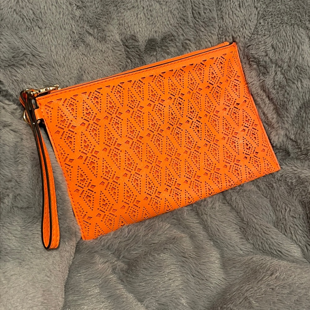 Aldo Orange Perforated Laser cut Faux Leather Y2K Wristlet Clutch